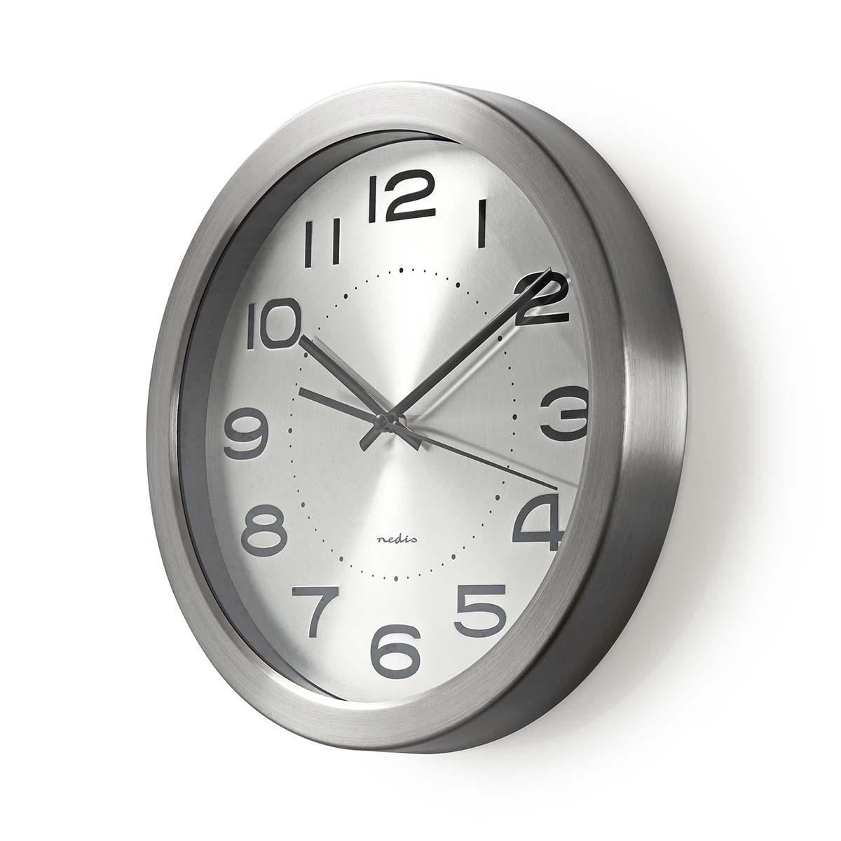Nedis 30cm Wall Clock with Easy Read Numbers, Battery Powered -  Stainless Steel / Silver