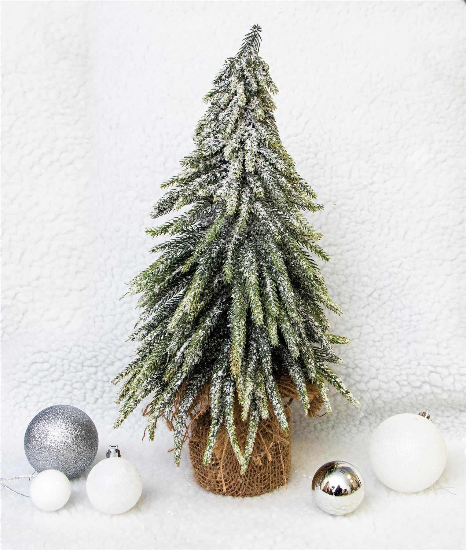 Decorative Snow Effect Mini Christmas Tree in Hessian Bag - 35cm