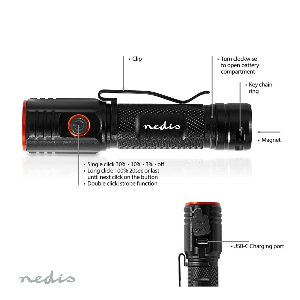 Nedis LED Torch Rechargeable, 20W Compact Flashlight with USB-C Charging, Practical Clip, IPX6 Water-Resistant, 2000 Lumen Beam up to 180m