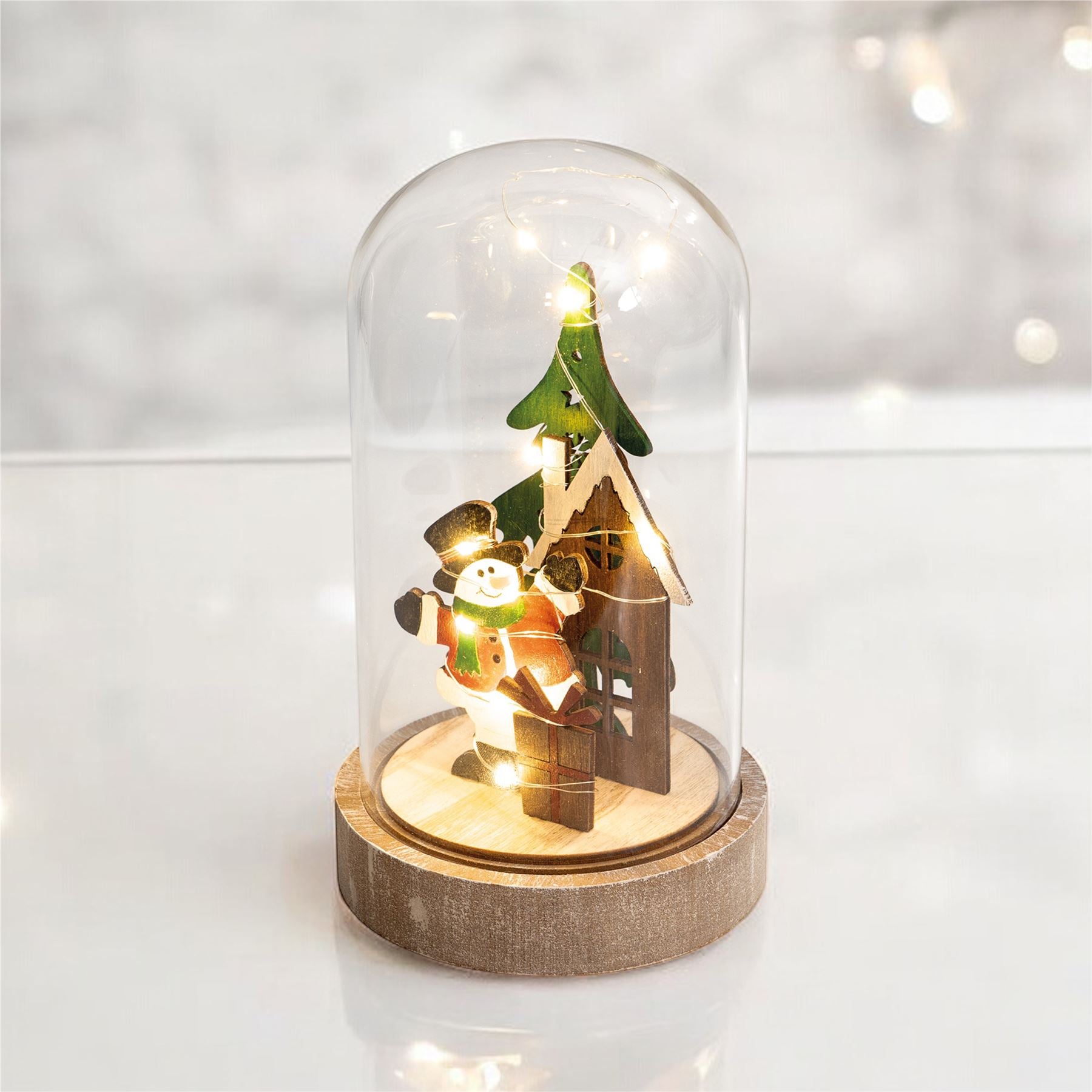 Light Up Cloche Snowman Christmas Scene with Glass Dome and Wire LED Lights Battery Powered