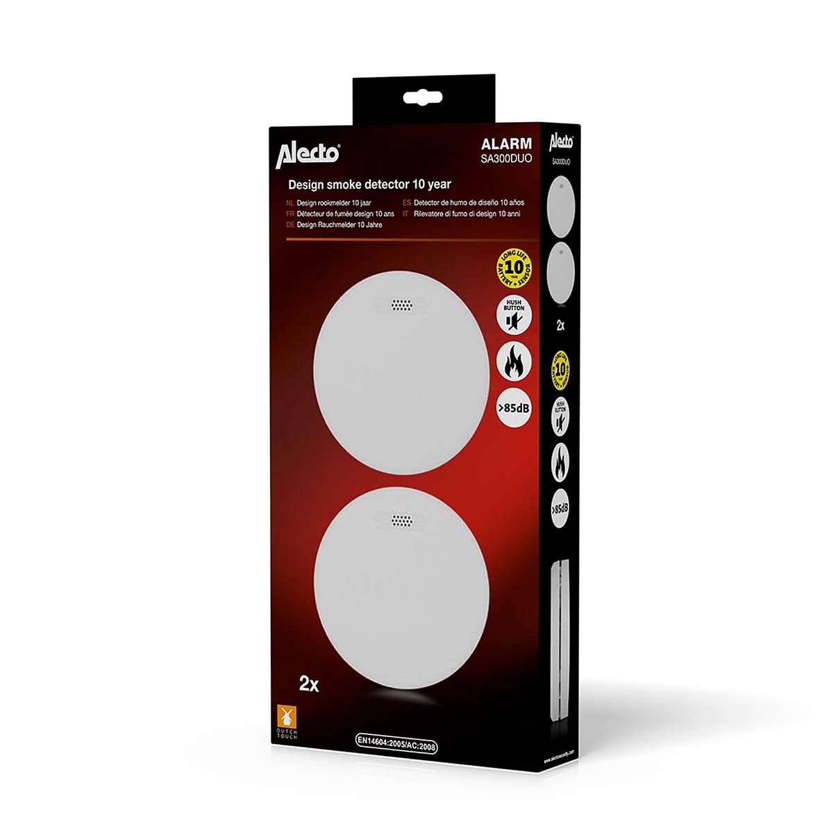 Alecto SA300 Ultra Thin Smoke detector with Hush Button | >85 dB | 10 Year Battery Included | EN14604:2005/AC:2008 | White | 2 Pack