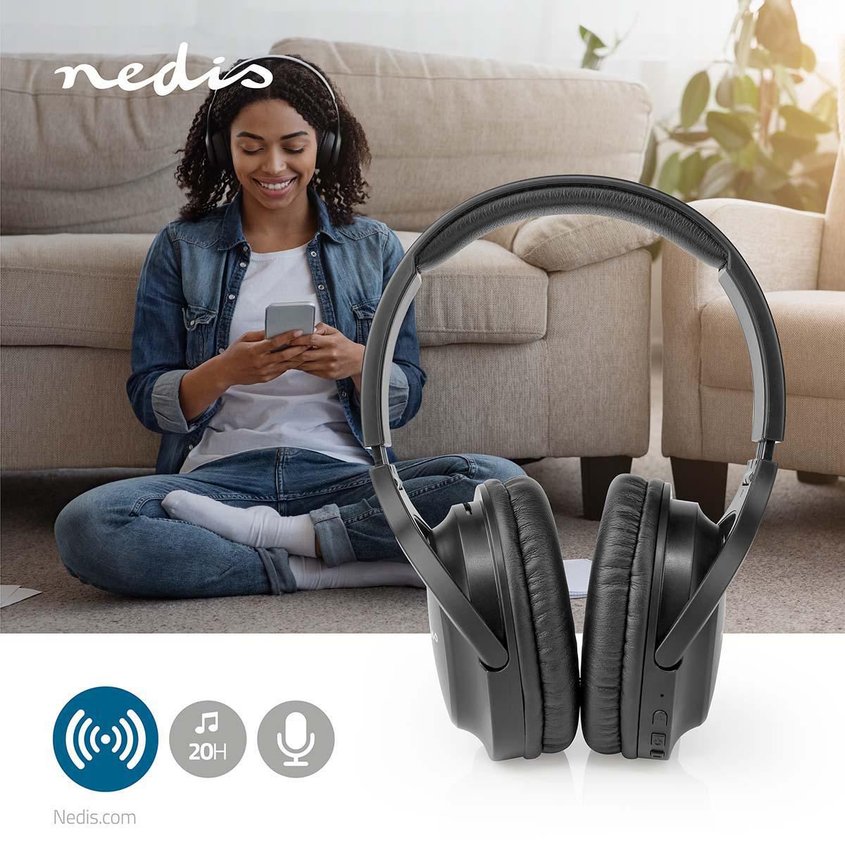 Nedis Wireless Over-Ear Headphones Bluetooth 5.0 with Voice Control Support, 40mm Drivers, Built-in Microphone, Up to 20 Hours Playtime, Wired and Wireless Connection