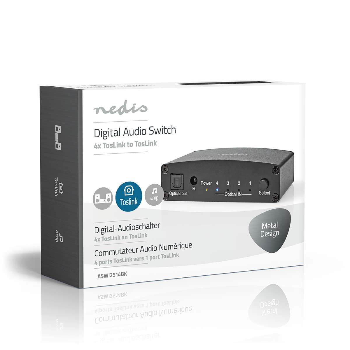 Nedis Digital Audio Switch | 4-way | Connection input: DC Power / 4x TosLink to Connection output: TosLink Female | Manual / Push Button / Remote Control | Metal | Black