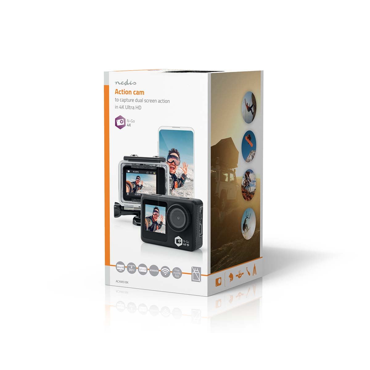 Nedis Dual Screen Action Cam, 4K Ultra HD 30fps, 16MP Photos, 2" Touch Back Screen, 1.3" Front Screen for Selfies & Vlogging, Waterproof to 30m with Mounting Kit and Wi-Fi Connectivity