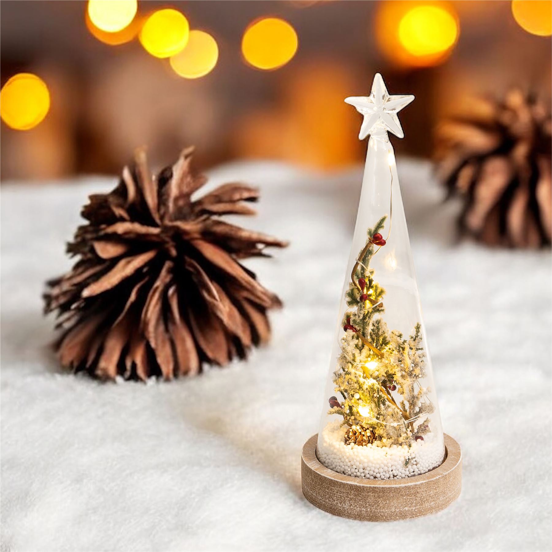 Table Top Glass Enclosed Christmas Scene Mistletoe and Berries Ornament Decoration with Wire LED Lights Battery Powered