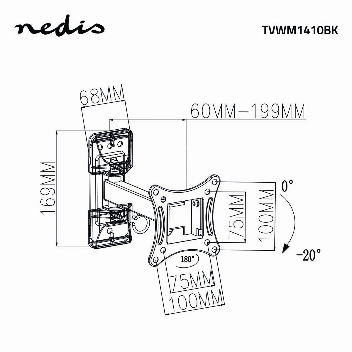 Nedis Full Motion TV Wall Mount | 13-27 " | Maximum supported screen weight: 15 kg | Tiltable | Rotatable | Minimum wall distance: 60 mm | Maximum wall distance: 199 mm | 2 Pivot point(s) | ABS / Steel | Black