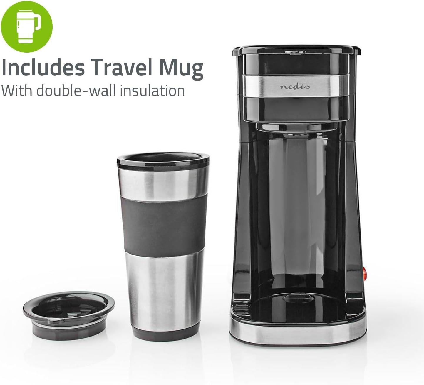 Nedis Single Serve 1 Cup Electric Filter Coffee Maker + 0.42L Double Wall Travel Mug - Black