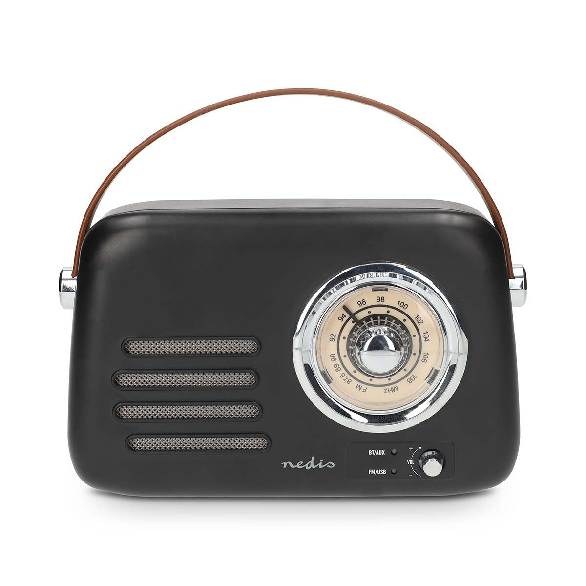 Nedis Retro FM Radio Bluetooth Portable Radio Speaker, USB Playback, AUX Input, Subwoofer Bass, Rechargeable Battery, USB-C