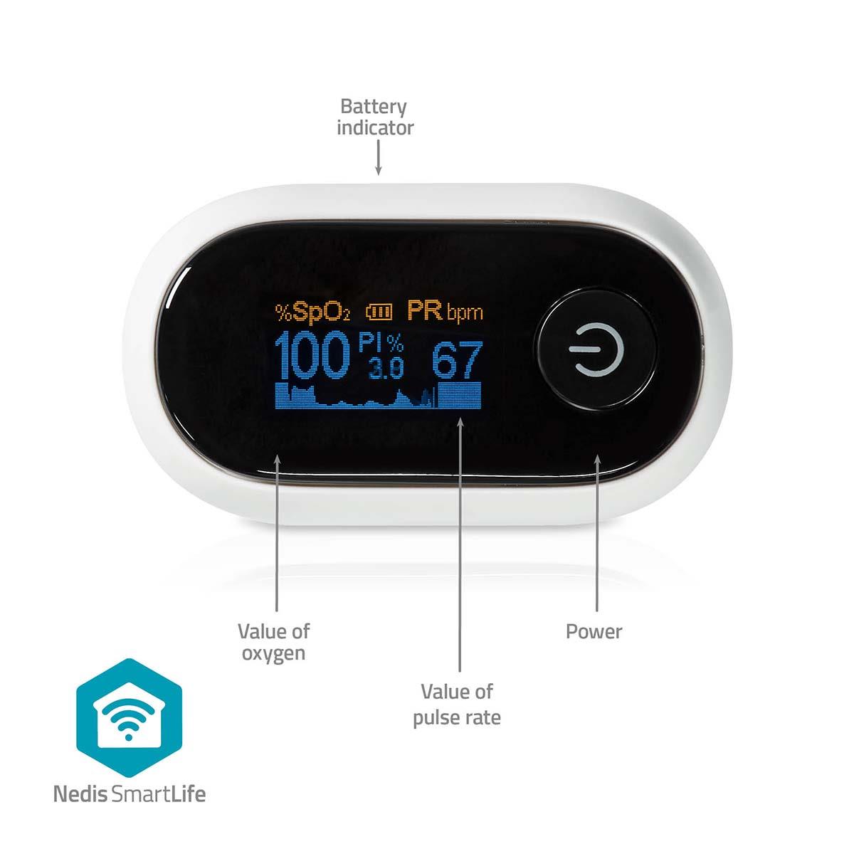 Nedis Smartlife Pulse Oximeter, Measures SpO2, PR & PI, OLED Display, Bluetooth, High Precision Sensor, 8-Second Reading, App Connected - White
