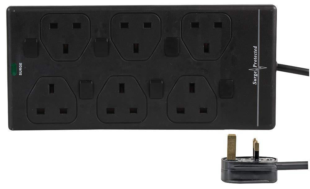 6 Gang 2m Mains Extension Lead Socket Individually Switched 13A with Surge Potection - Black