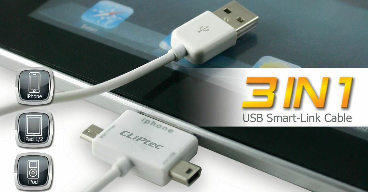 CLiPtec 3 in 1 USB Data/Charge Cable Old Type 30 Pin iPhone iPod iPad, Mini B & Micro B White 1m