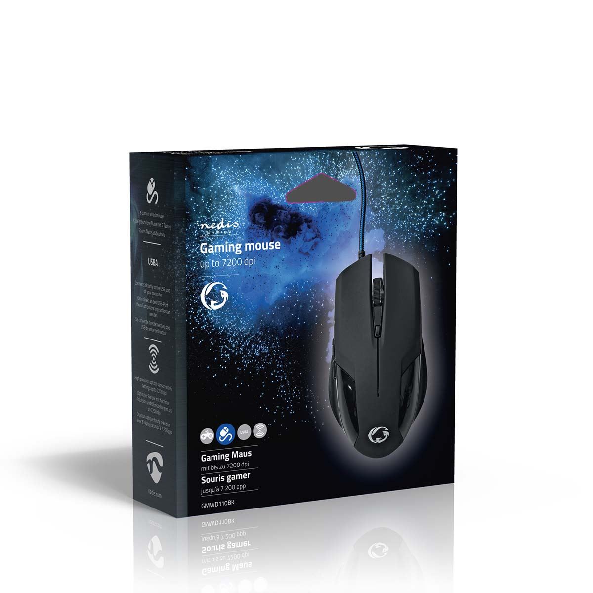 Nedis Gaming Mouse | Wired | 1200 / 2400 / 4800 / 7200 dpi | Adjustable DPI | Number of buttons: 6 | Programmable buttons | Right-Handed | 1.50 m | Without Lighting