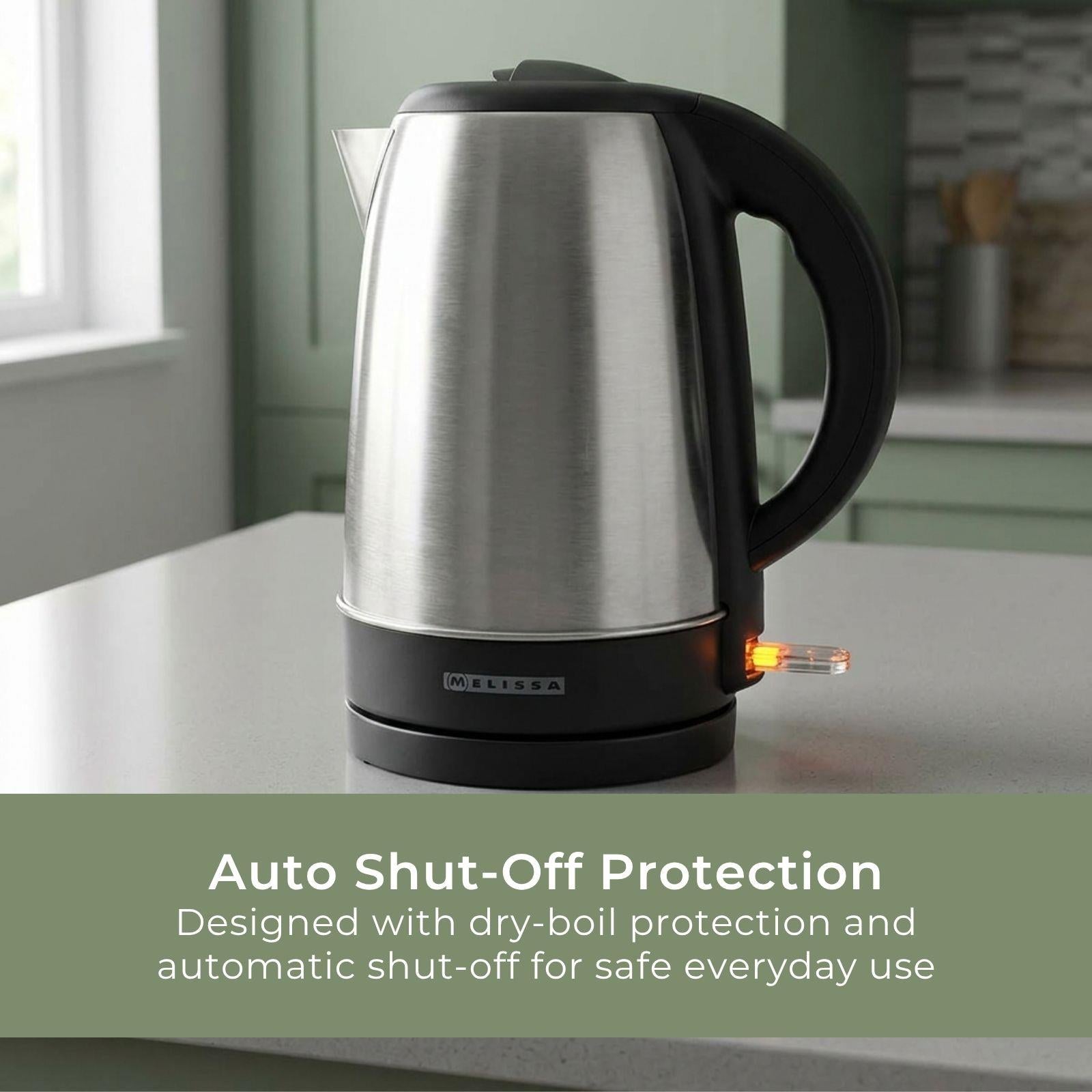 MELISSA Electric Kettle, 1.7L, 2200W, Stainless Steel Jug with Quick Boil Time, Boil Dry Protection and Auto Shut Off, Cordless 360° Swivel Base, for Hot Water Tea or Coffee - Silver