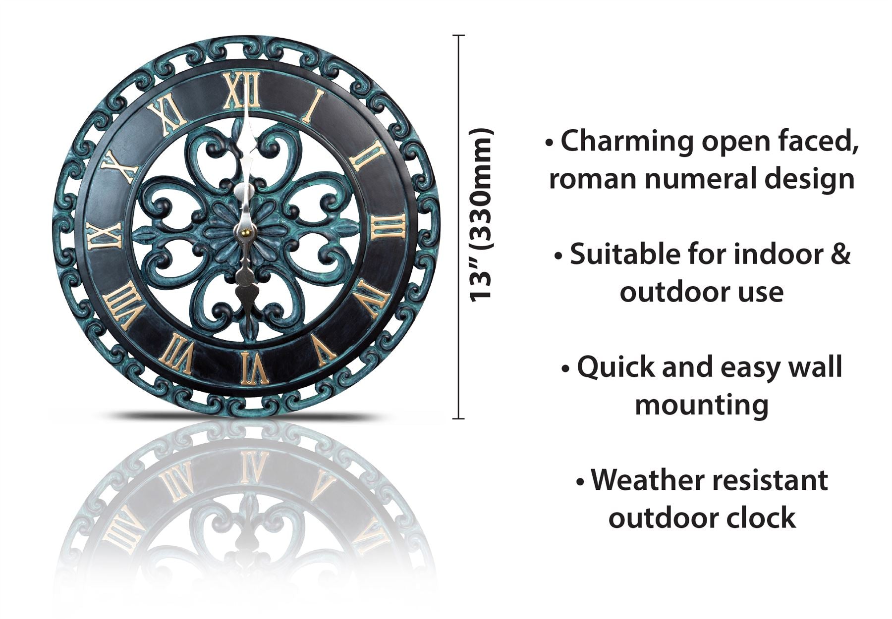 Vintage Open Face Wall Clock 33cm Outdoor Indoor with Roman Numerals