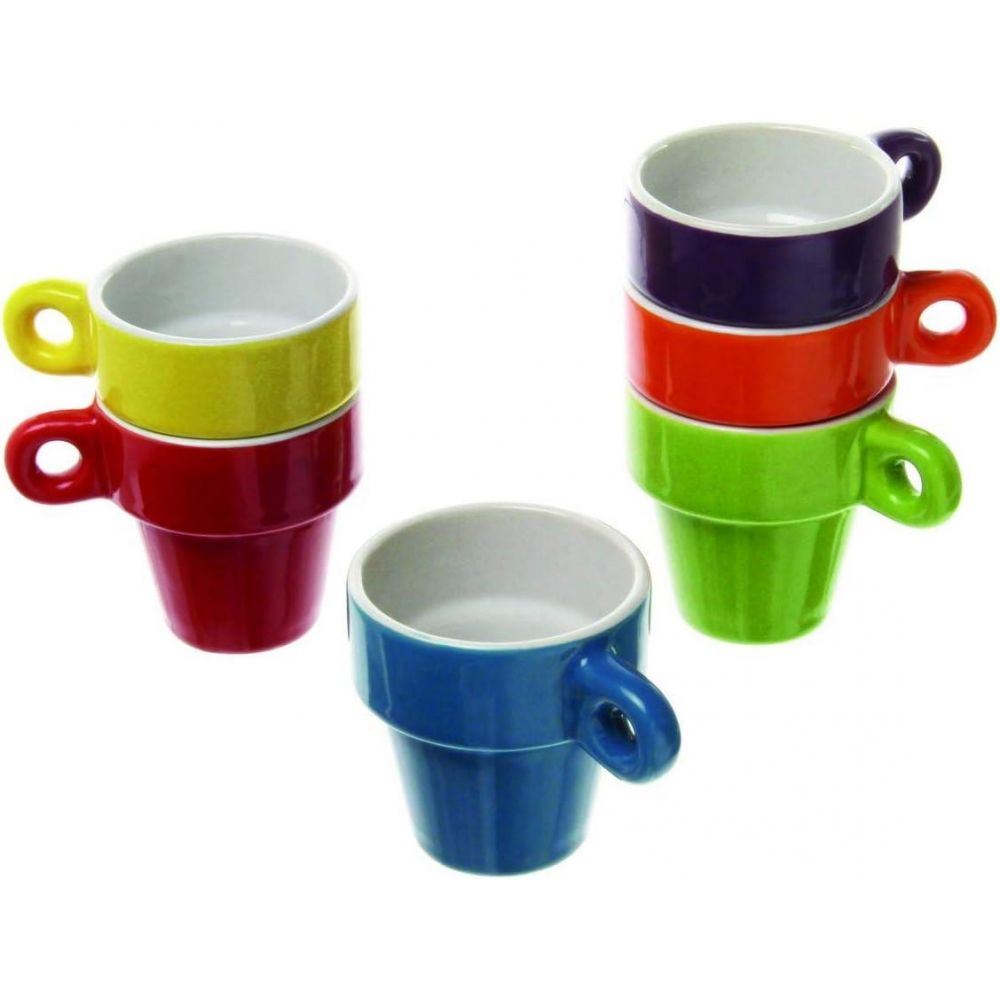 Stackable Set of 6 Espresso Coffee Ceramic Mugs & Stand, Multiple