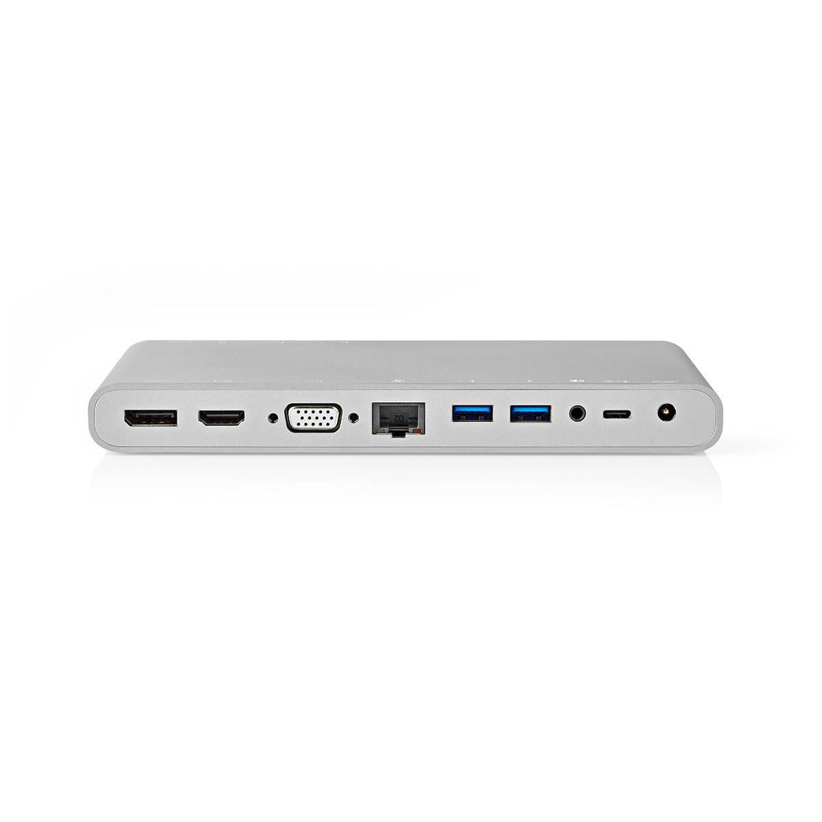 Nedis USB Docking Station | USB 3.2 Gen 1 | USB-C™ Male | DisplayPort Female / HDMI™ Output / RJ45 Female / VGA Female / 2x 3.5 mm Female / 2x USB-C™ / 4x USB-A | 0.20 m | Round | Nickel Plated | Braided / Nylon | White | Window Box with Euro Lock