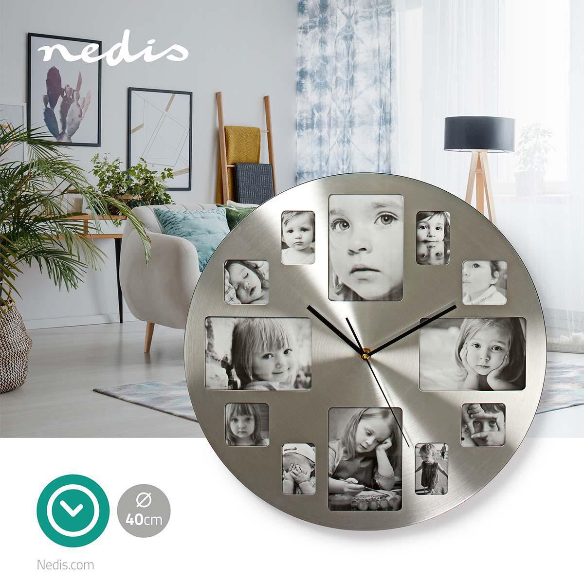 Nedis 40cm Picture Frame (Personalise) Wall Clock, Battery Powered -  Stainless Steel / Silver