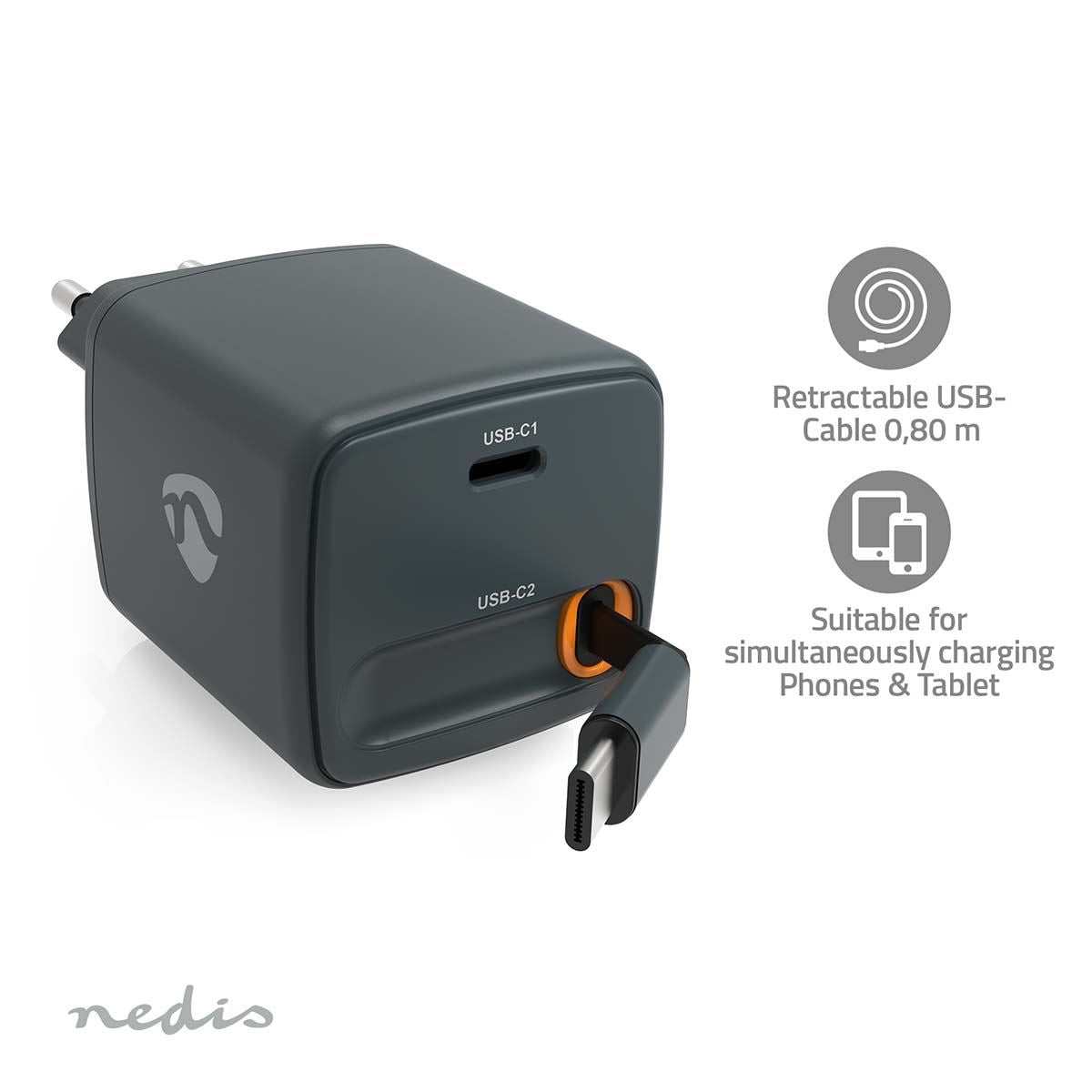 Nedis EU Wall Travel Charger with Retractable Cable | 30 W | GaN | PD3.0 30W | 1.5 / 2.0 / 2.5 / 3.0 A | Number of outputs: 1 | USB-C™ | USB-C™ Retractable Cable | 0.75 m | Automatic Voltage Selection | Black