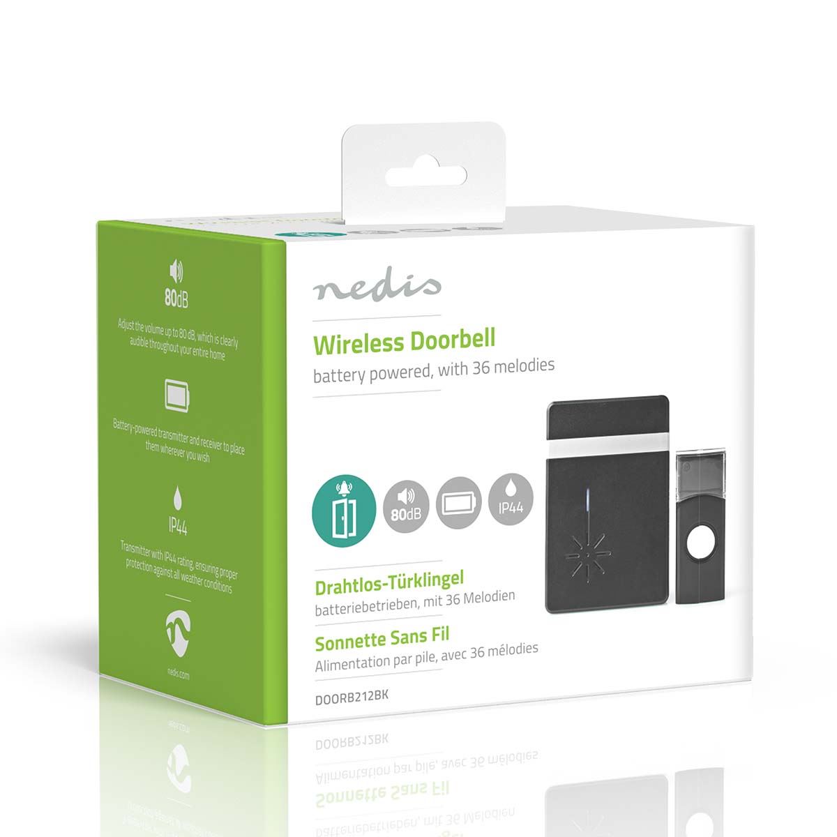 Nedis Wireless Doorbell, Battery Powered Cordless Door Chime Kit with 300m Range, 36 Chimes, Blue LED and 80dB Volume - Black