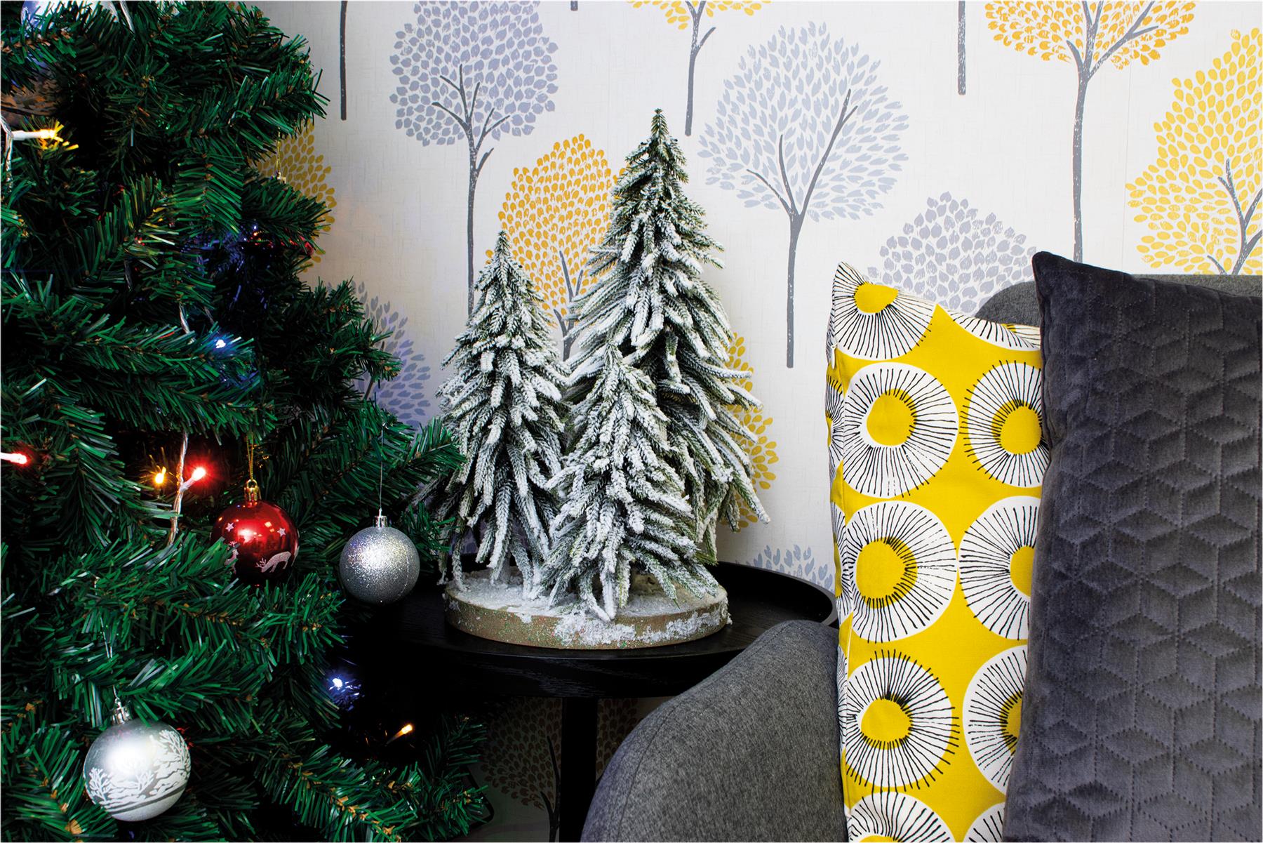 Snow Topped Mini Christmas Tree Display on Wooden Stand Decoration