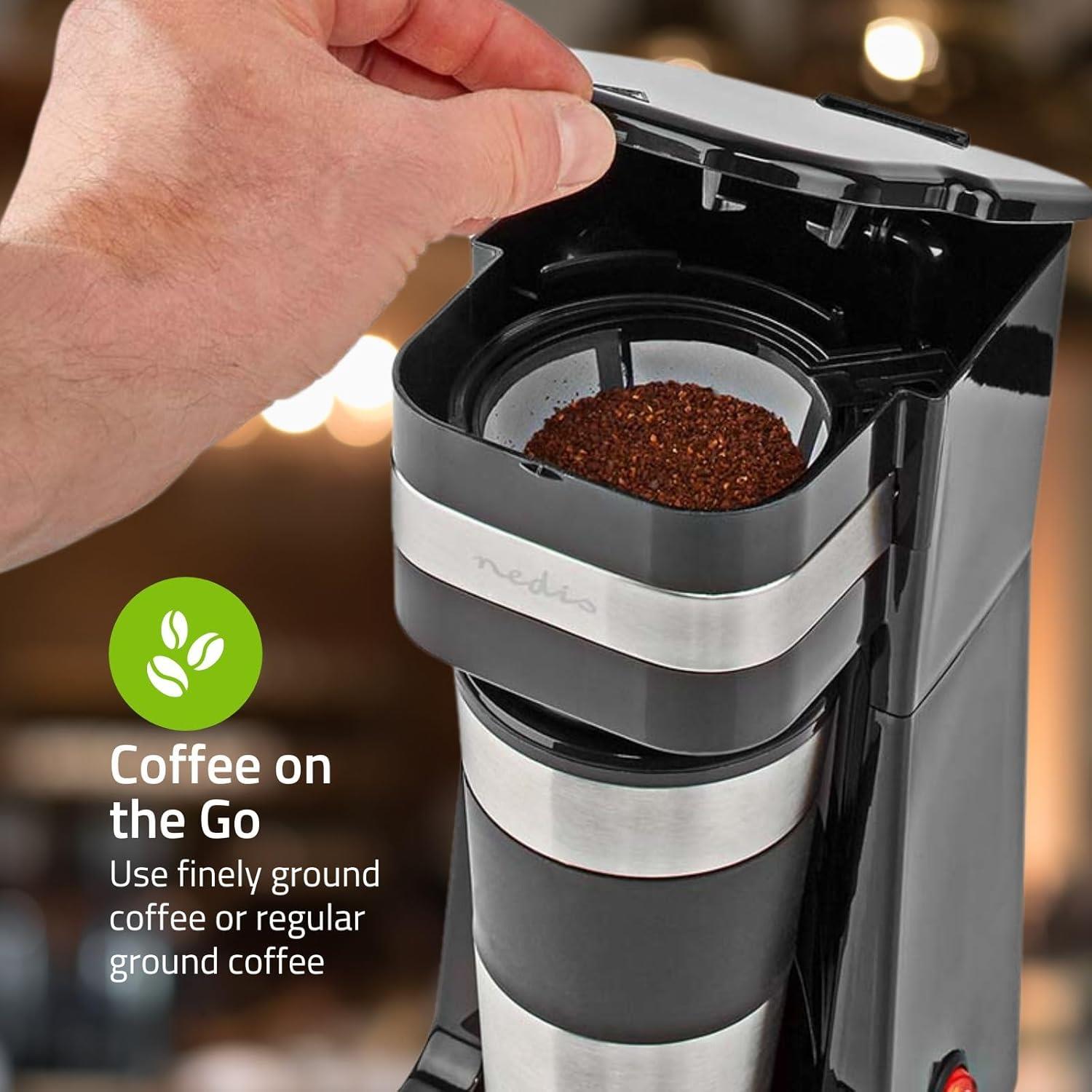 Nedis Single Serve 1 Cup Electric Filter Coffee Maker + 0.42L Double Wall Travel Mug - Black