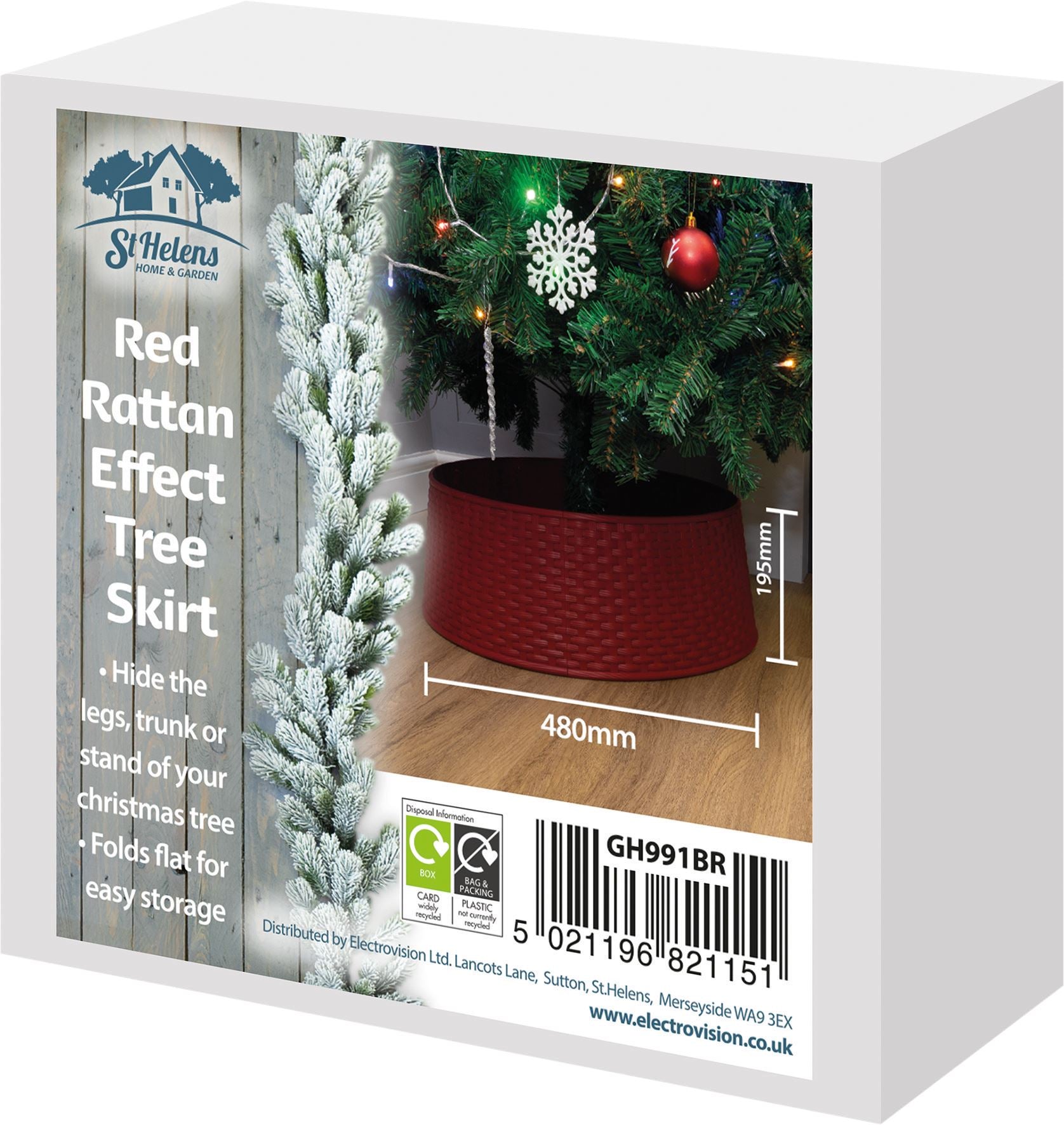 Rattan Effect Christmas Tree Skirt Easy Fold Stand Cover Base Decoration - Red