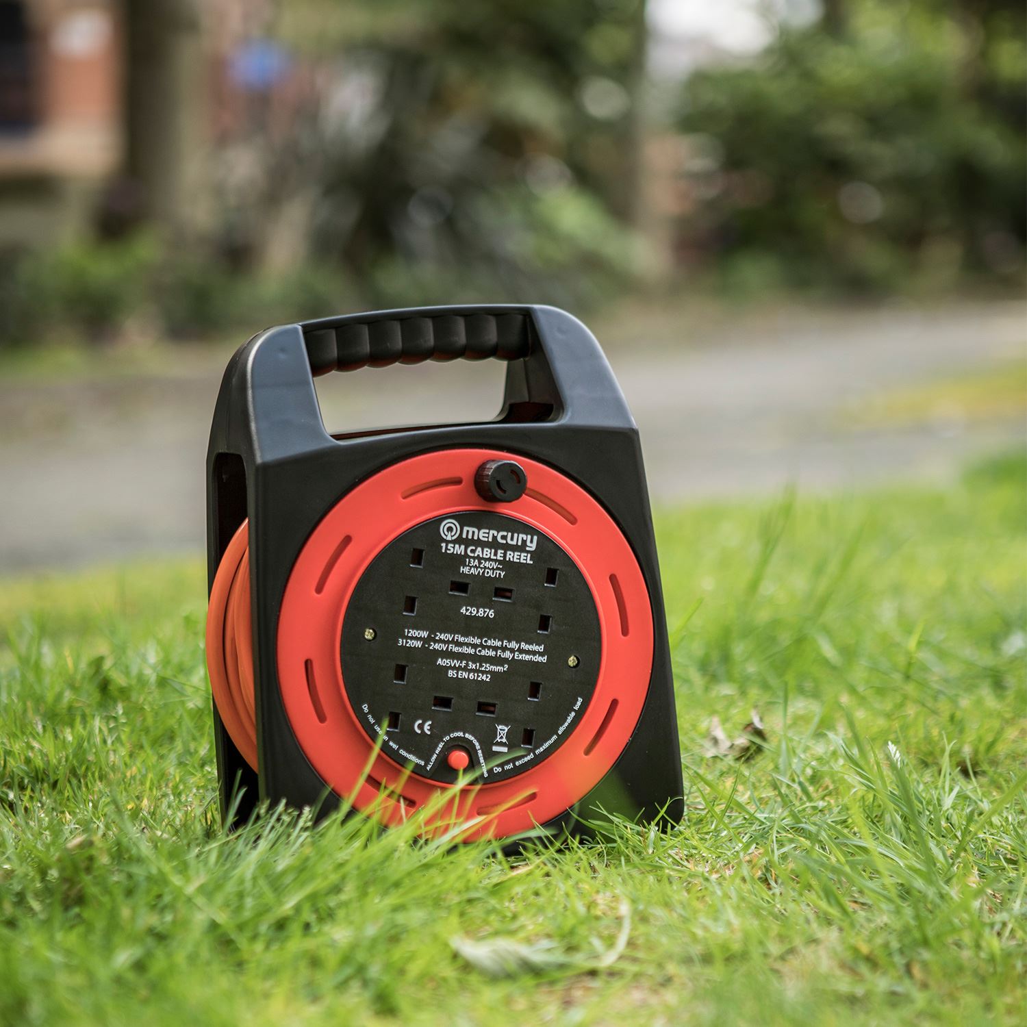 Mercury 15m Meter 4 Way Gang Mains Extension Reel Drum with Thermal Cut Out 13A