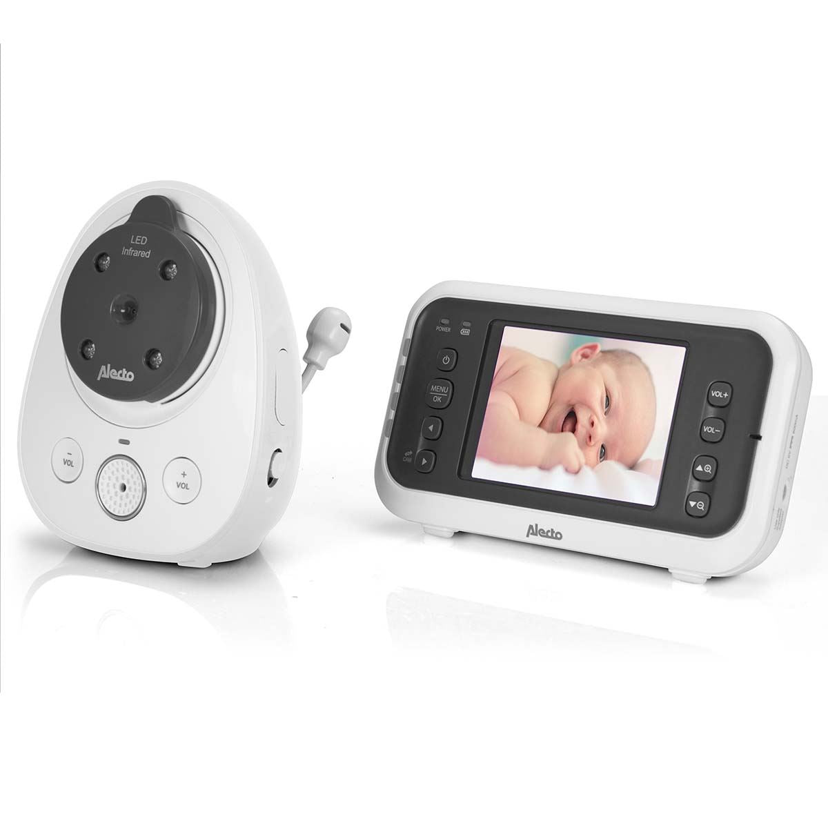 Alecto DVM-77 Video Baby Monitor with Camera, 2.8" Inch No Wifi Baby Monitor, Temperature, Night Vision, Wall Bracket, Two-Way Audio - White / Taupe