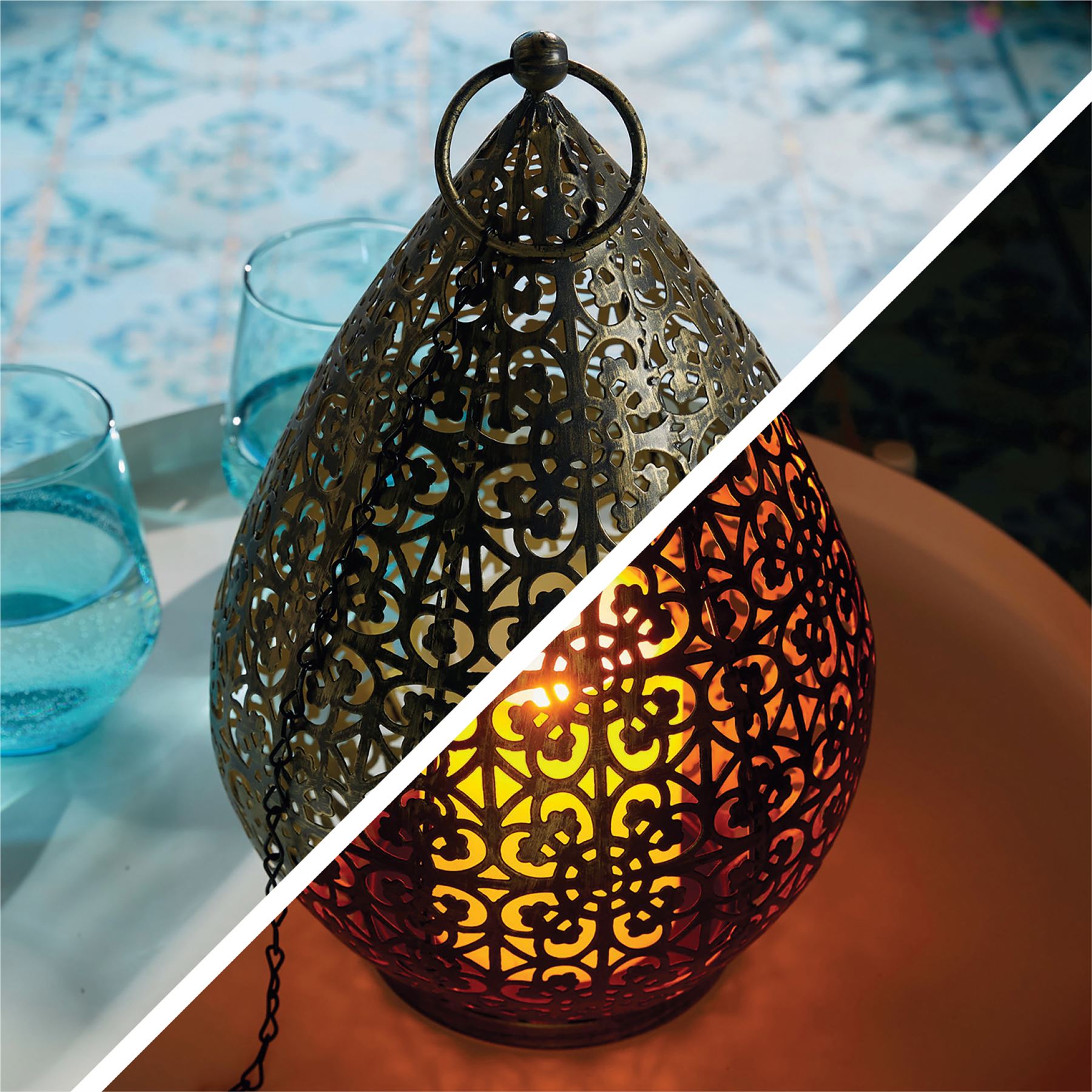 Moroccan Style LED Hanging Light Lantern USB Rechargeable Outdoor Warm White with Timer - Antique Bronze