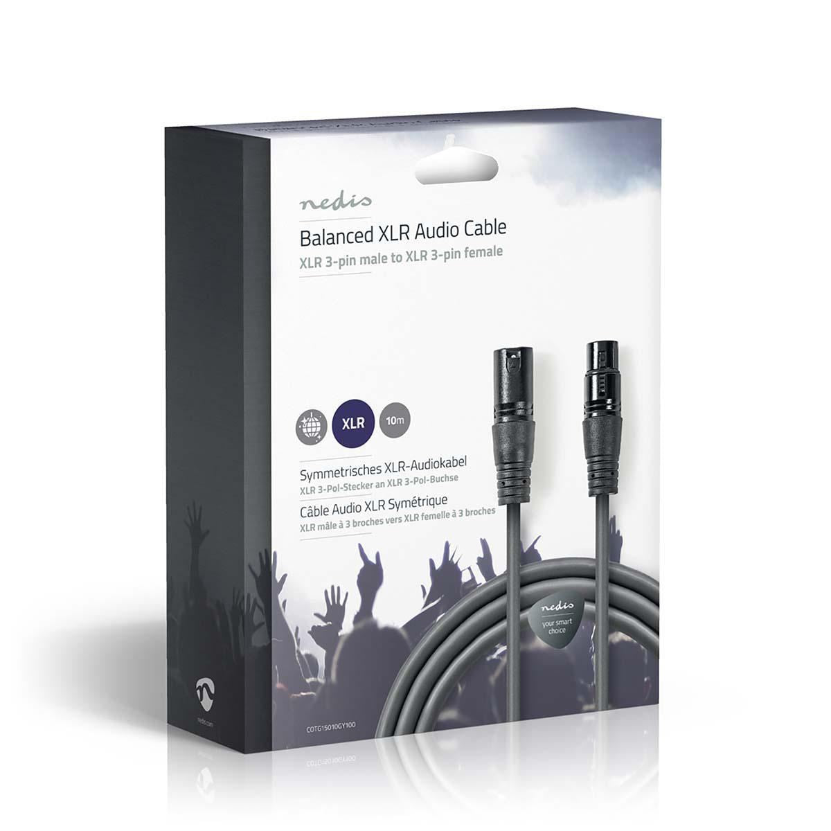 Nedis Balanced Audio Cable | XLR 3-Pin Male | XLR 3-Pin Female | Nickel Plated | 10.0 m | Round | PVC | Dark Grey | Gift Box