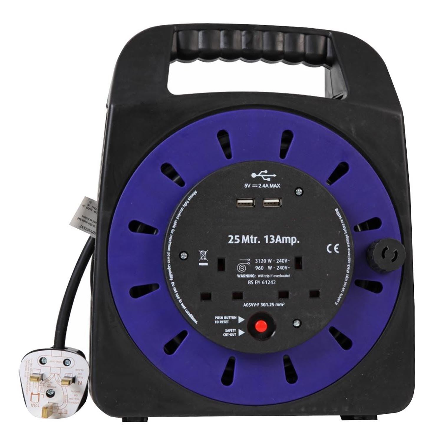 2 Gang 25m Mains Extension Socket Lead Cassette Reel with USB, 13A