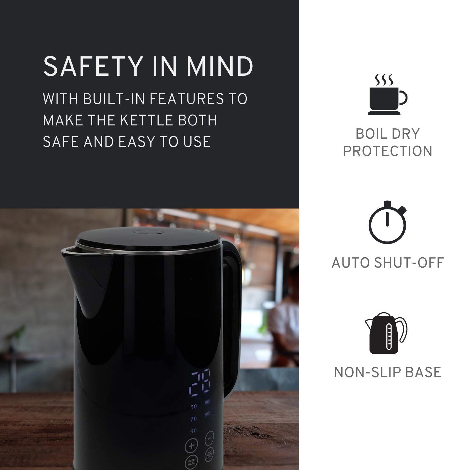 Nedis Electric Kettle 1.7L, Digital Temp Control 50-100oC, Keep Warm Function, 360 Degree Cordless Base, Black