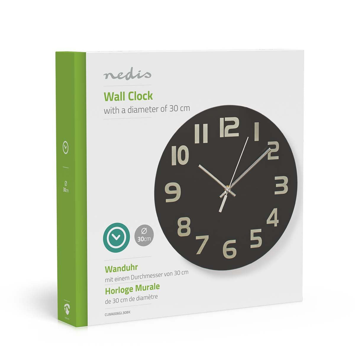 Nedis 30cm Wall Clock with Easy Read Numbers, Battery Powered - Glass Black