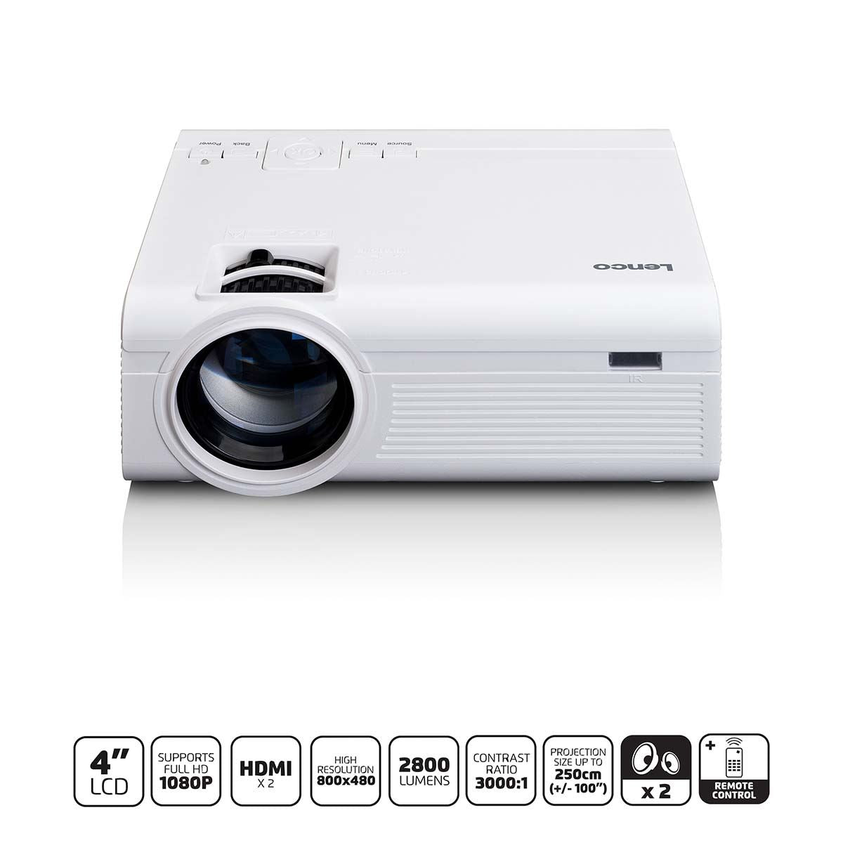 Lenco LCD Projector with high resolution, supports Full HD 1080P content White