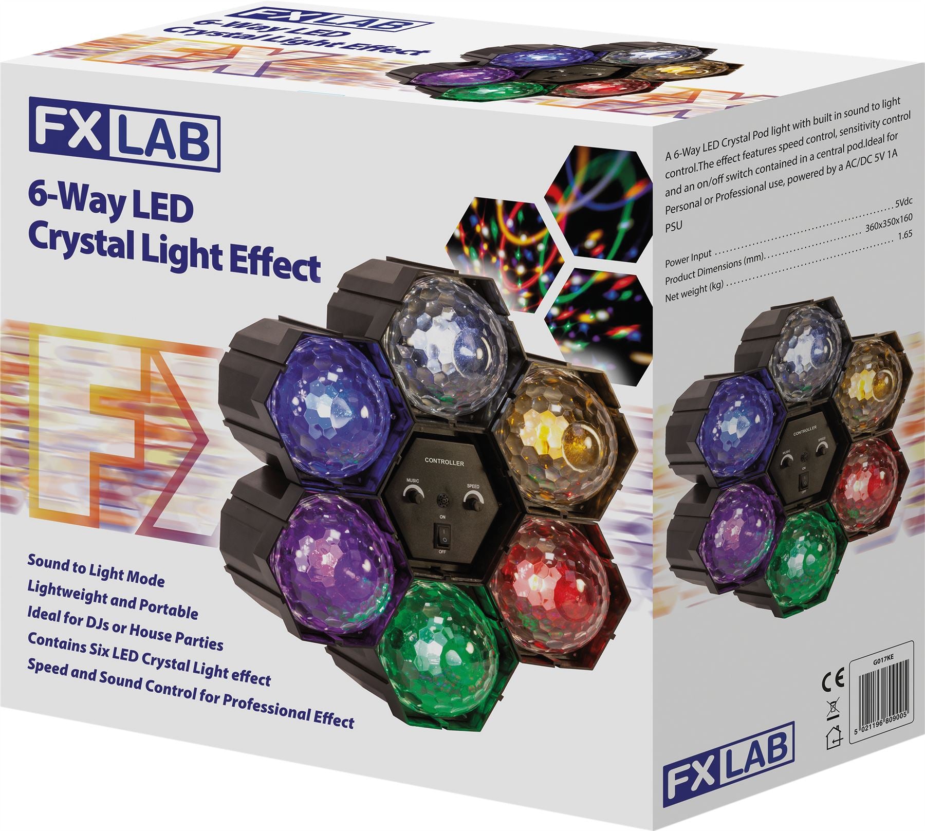 6 Way Multi-Coloured LED Crystal Effect Disco/Party Pod Light With Built-in Sound to Light Controller