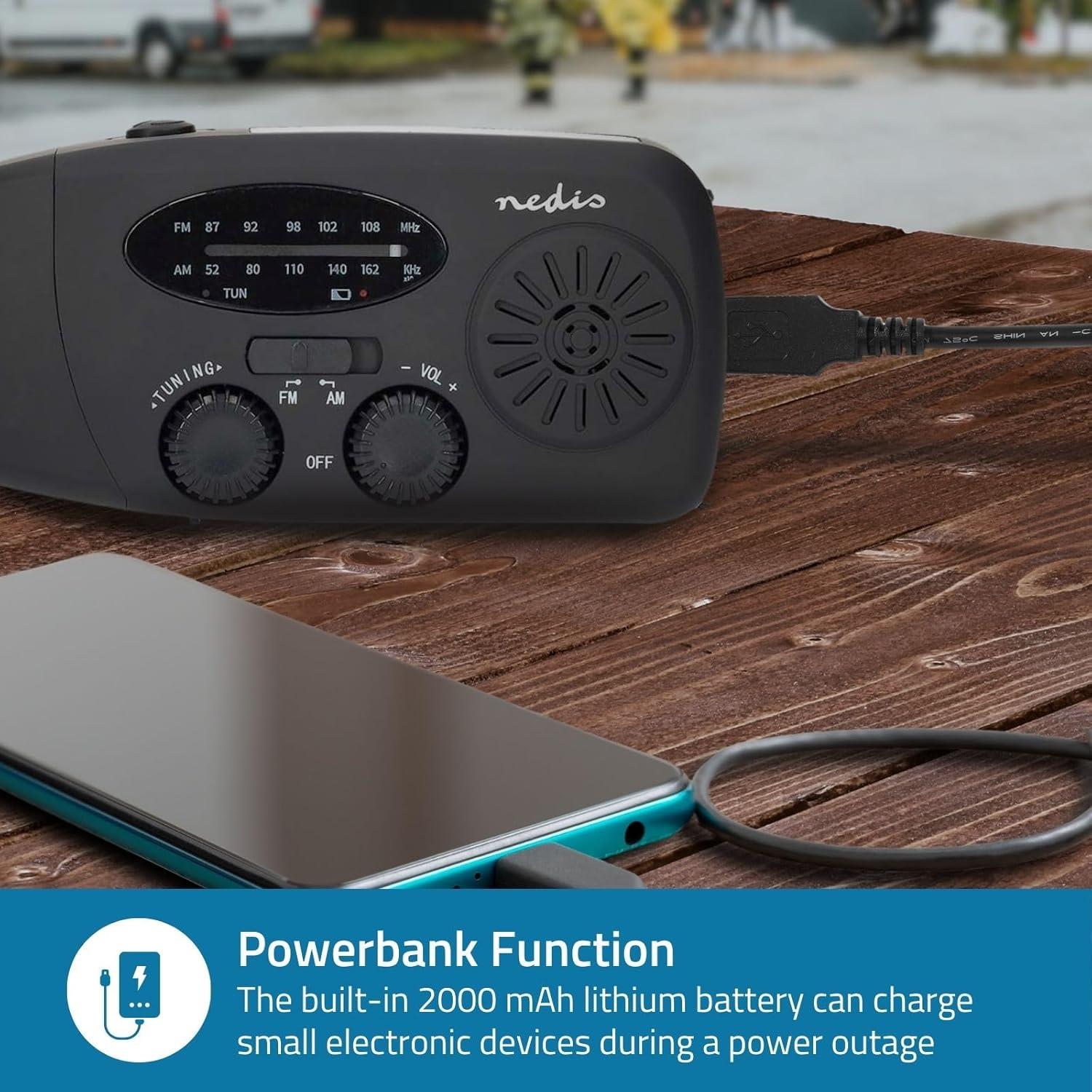 Nedis Portable Emergency AM/FM Wind Up Radio, with Solar Panel & Hand Crank, LED Torch, SOS Light and Rechargeable 2000mAh USB Powerbank - Black