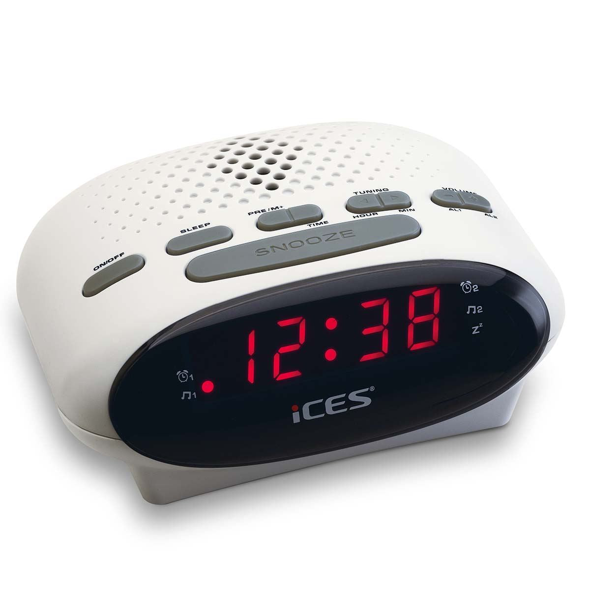 ICES Digital Desk Alarm Clock Radio LED | FM | Buzzer, Dual Alarm & Snooze function - White