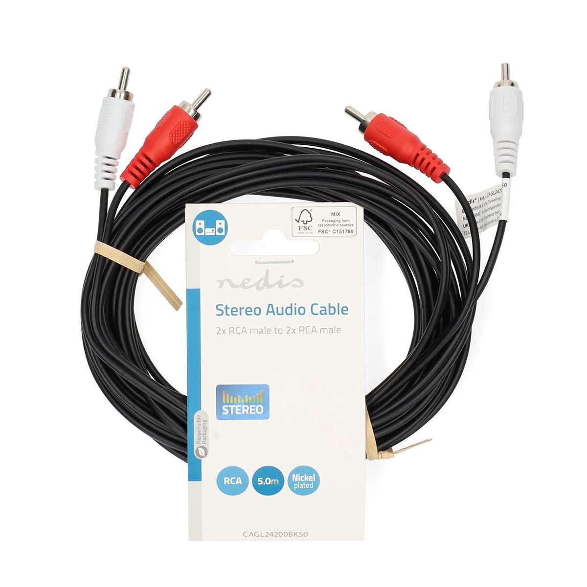 Nedis Stereo Audio Cable | 2x RCA Male | 2x RCA Male | Nickel Plated | 5.00 m | Round | Black | Label