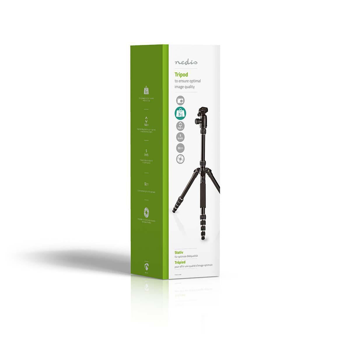 Nedis Tripod | Maximum load capacity: 3.0 kg | Minimum working height: 17.5 cm | Maximum working height: 145.0 cm | 3 Segments | Ball Head | Travel bag included | Reversible center column | ABS / Aluminium | Black