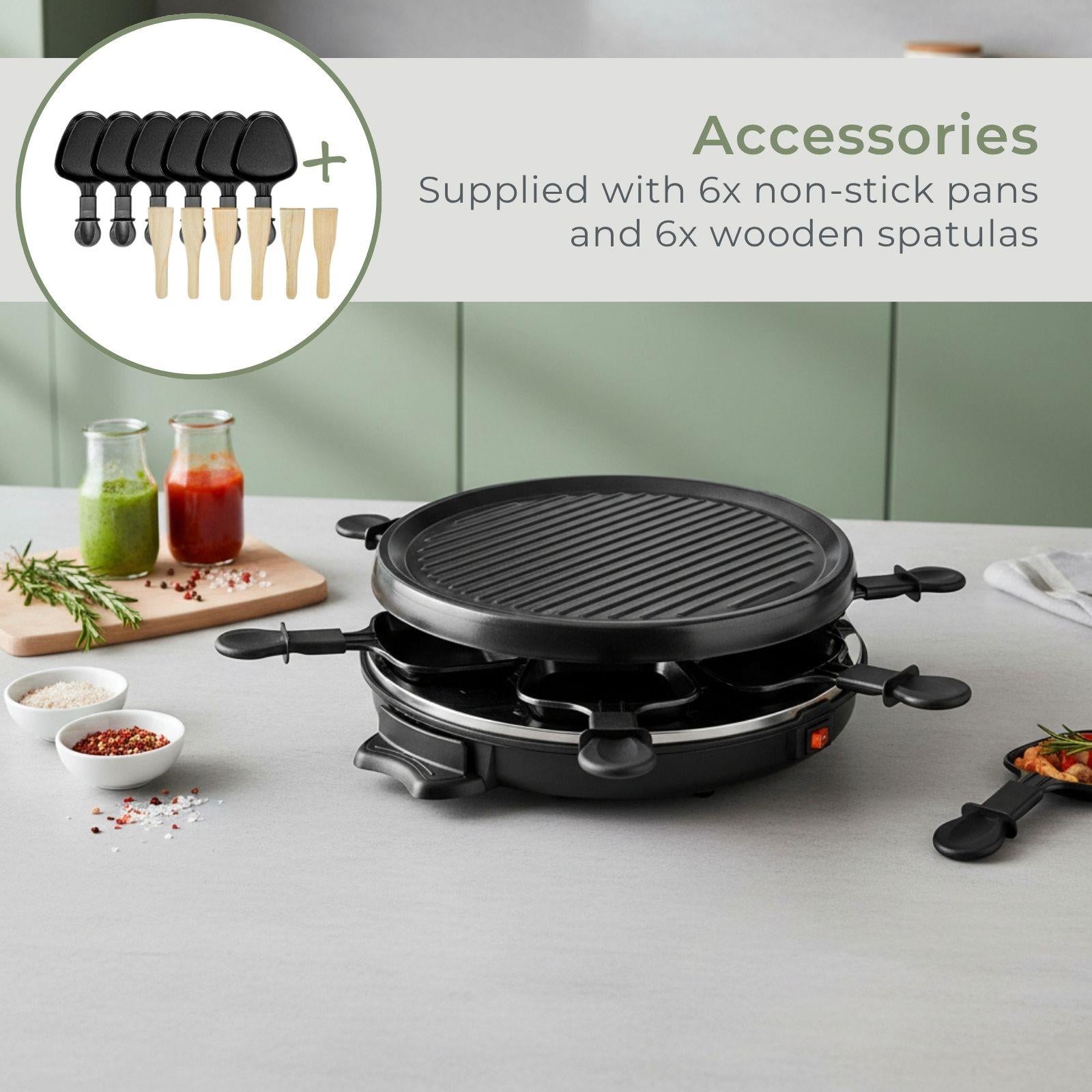 MELISSA Electric Raclette Gourmet Grill, 6 Person Indoor Non-Stick Tabletop Cooker, Removable Round Hot Plate, with 6 x Mini Cheese Pans & Spatulas, 800W