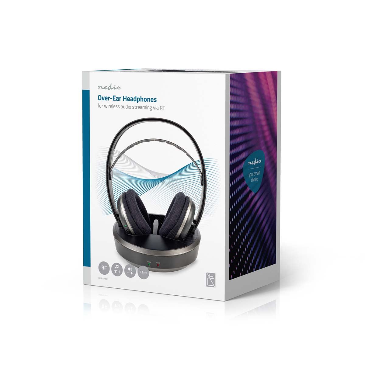 Nedis Wireless TV Headphones | RF, frequency 868 Mhz | Over-Ear | Maximum battery play time: 11 hrs | 100 m | Digital Audio | Charging dock | Black / Silver