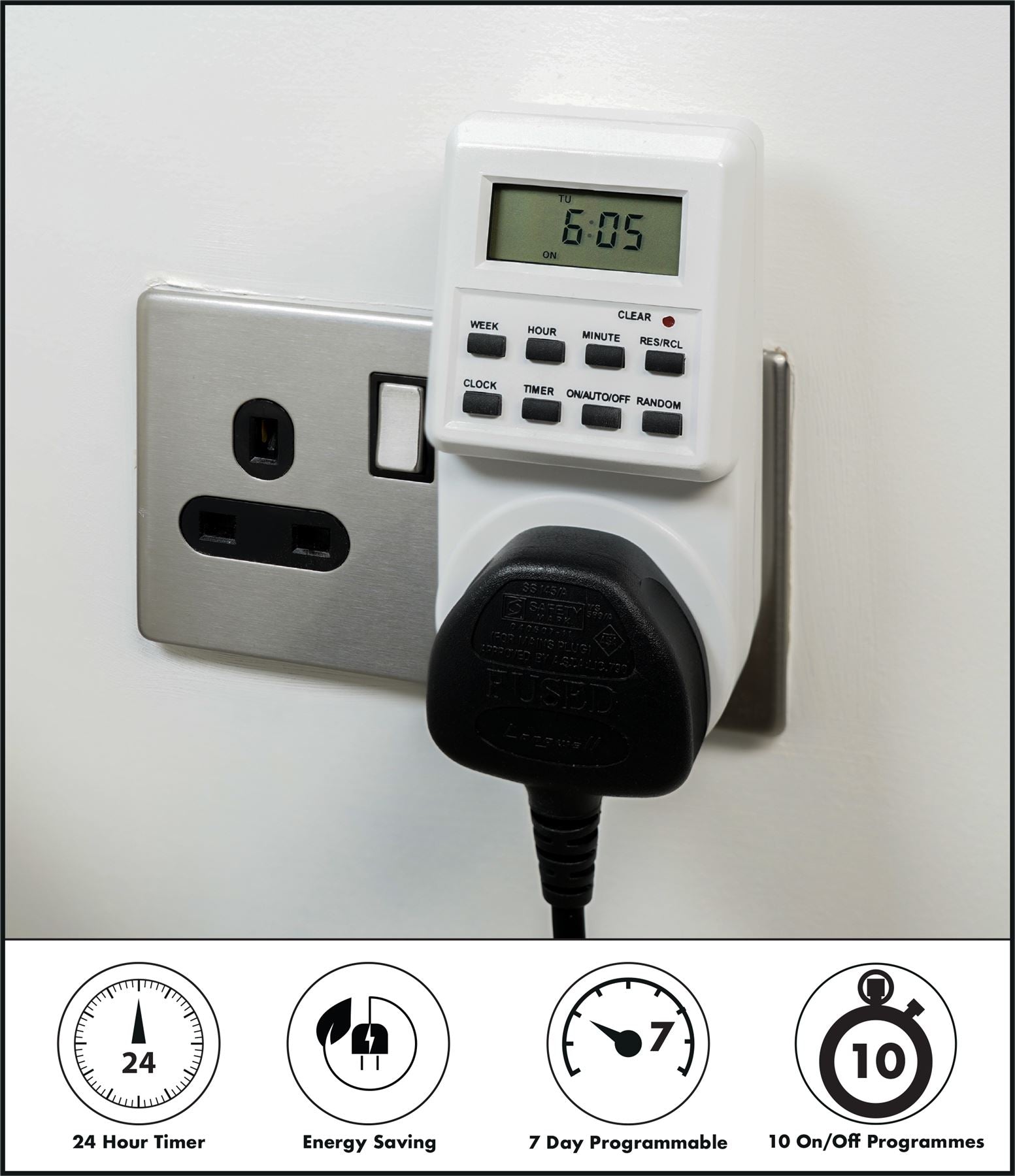 24 Hour 7 Day Energy Saving Plug In Programmable Digital Timer Switch with 10 Programmes 13A 230V