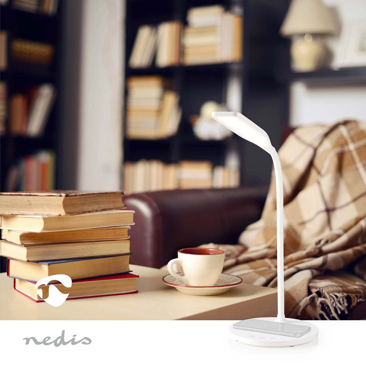 Nedis Sleek LED Dimmable Desktop Reading Light Lamp Qi 15w Wireless Fast Charger - White