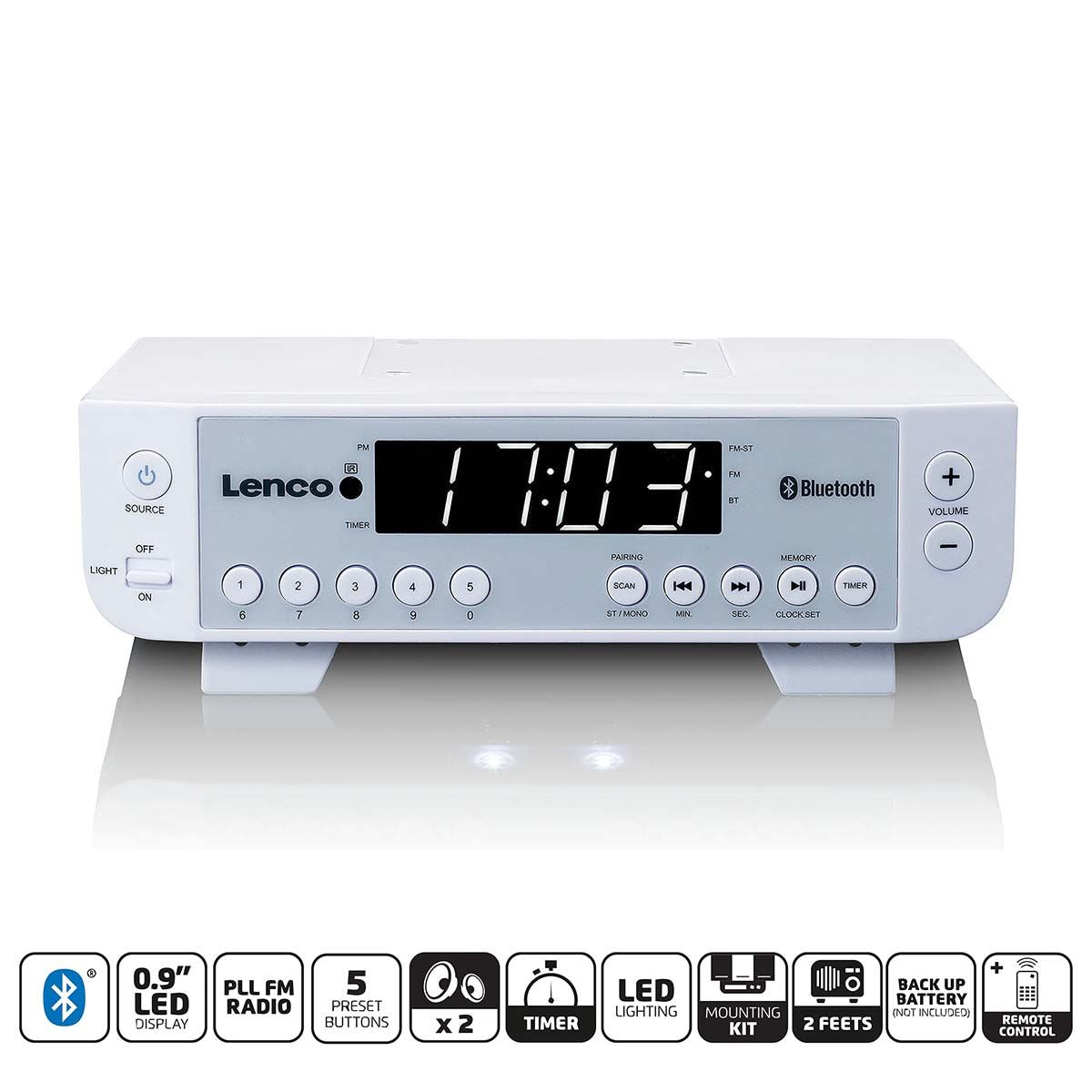 Lenco FM Kitchen Radio with Bluetooth® LED Lighting and Timer White