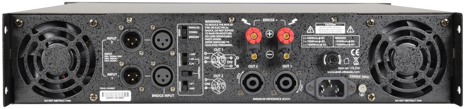 Citronic QP1600 2U Rack Mount Quad Power Amplifier 4 x 400W
