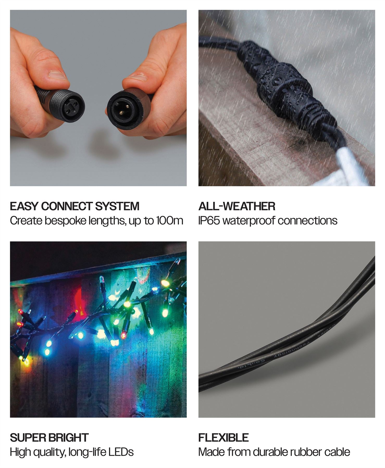 5m Easy-Connect RGB Colour Changing 250 LED Cluster String Lights With Interconnectable Black Rubber Cable