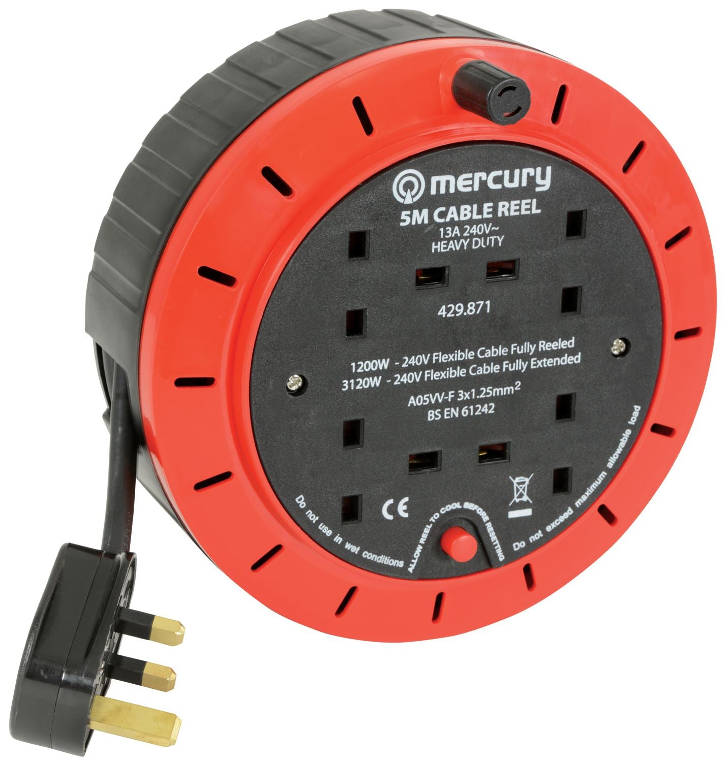 Mercury 5m Meter 4 Way Gang Mains Extension Reel Drum with Thermal Cut Out 13A