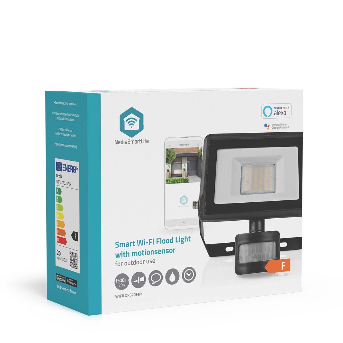 Nedis Smartlife LED Security Floodlight 20W White WIFI APP Alexa Google Outdoor with PIR Motion Sensor