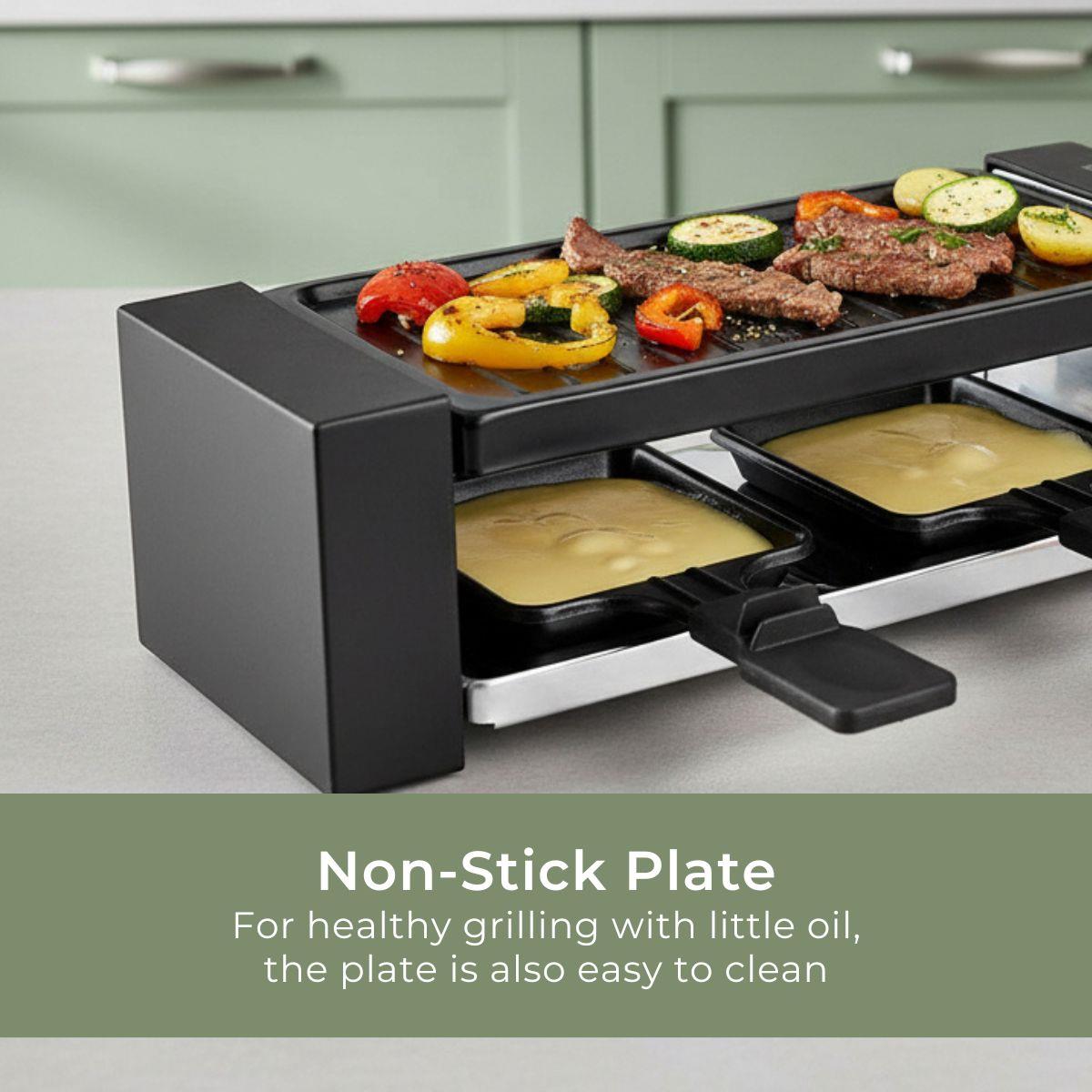 MELISSA Electric Raclette Gourmet Grill, 2 Person Indoor Non-Stick Tabletop Cooker, Removable Hot Plate, with 2 x Mini Cheese Pans & Spatulas, 400W