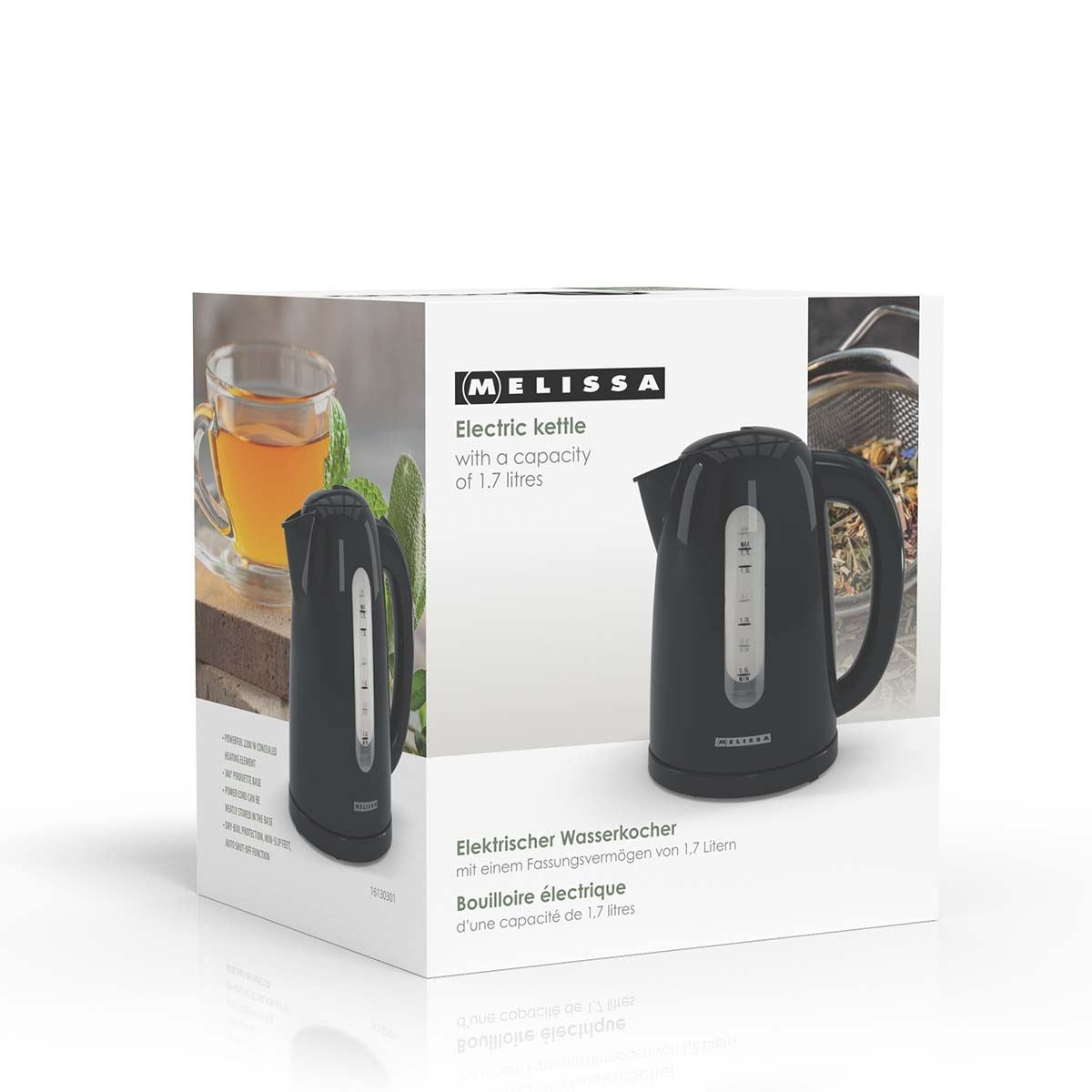 MELISSA 1.7L Electric Kettle with Quick Boil Time, Boil-Dry Protection, 360° Cordless Base, 2025W - Black